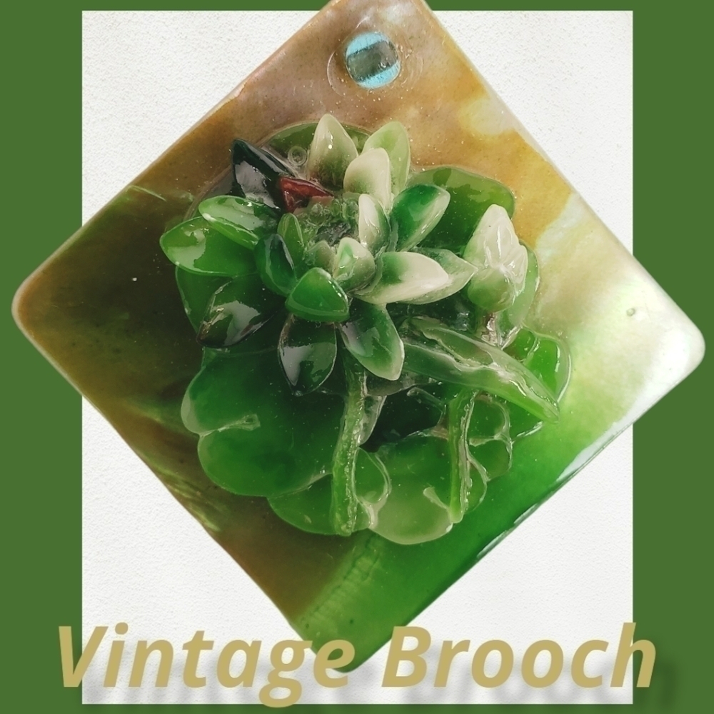 Vintage Brooch Green Floral On Mother of Pearl Look Square/ Diamond Shape